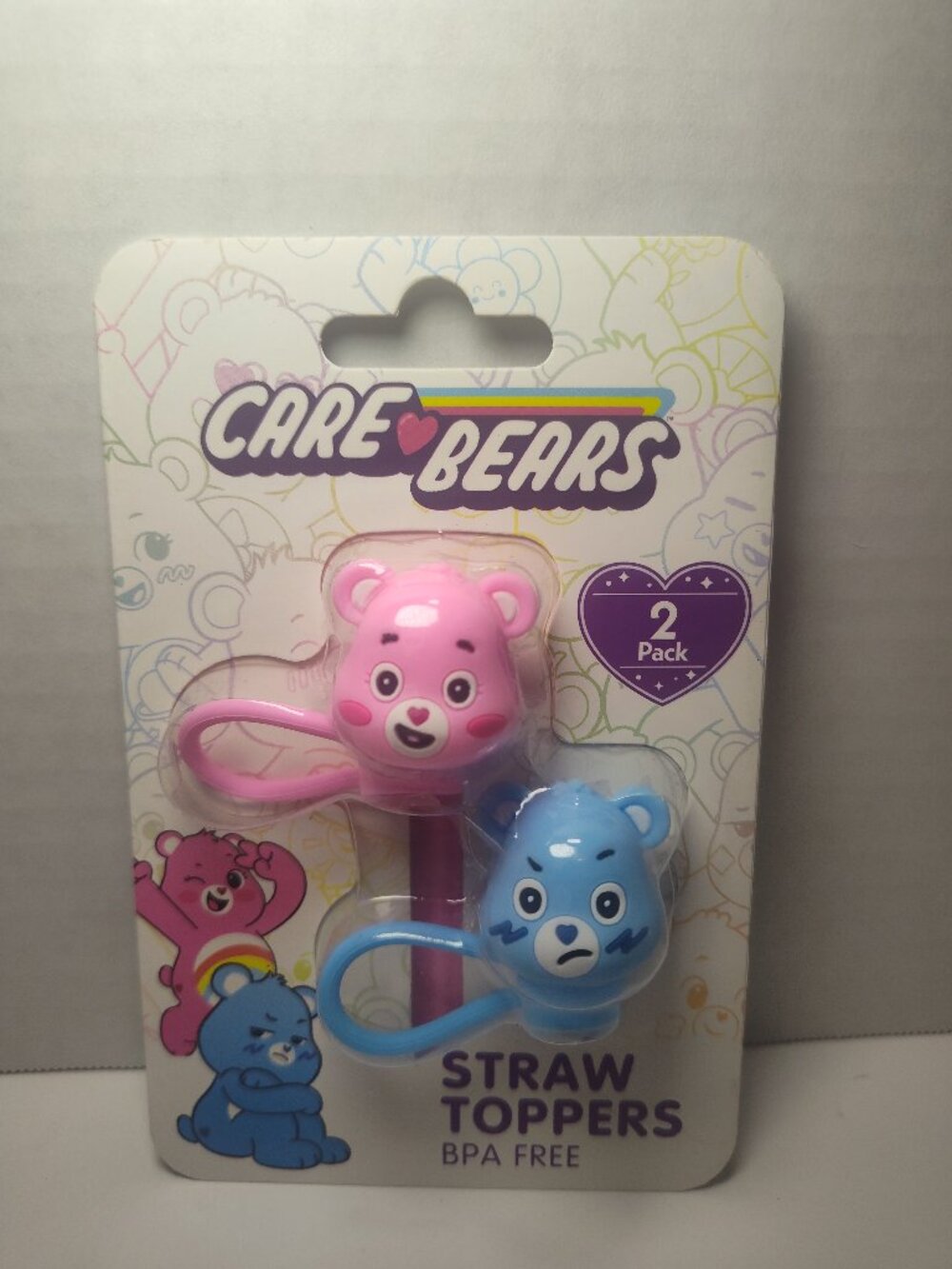 Care Bears Straw Toppers 2 Pack Pink Blue BPA Free 10mm Straws NIP
